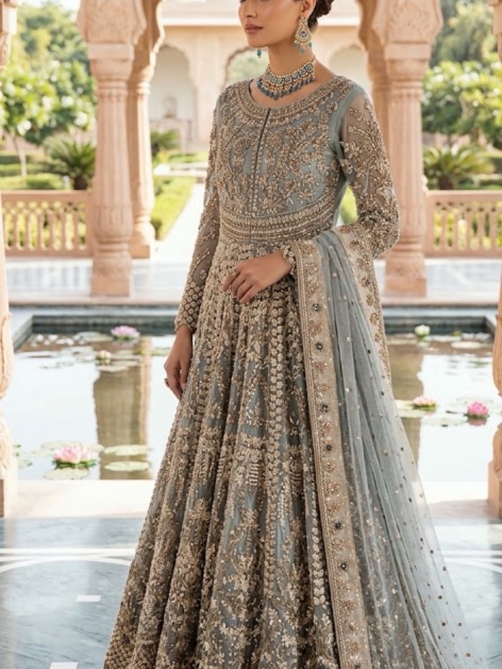 Embroidered Powder Blue Maxi Dress with Sheer Dupatta